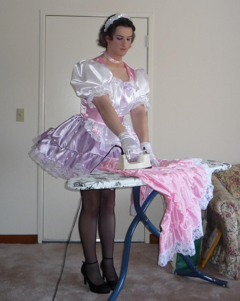 sissy ironing pink dress